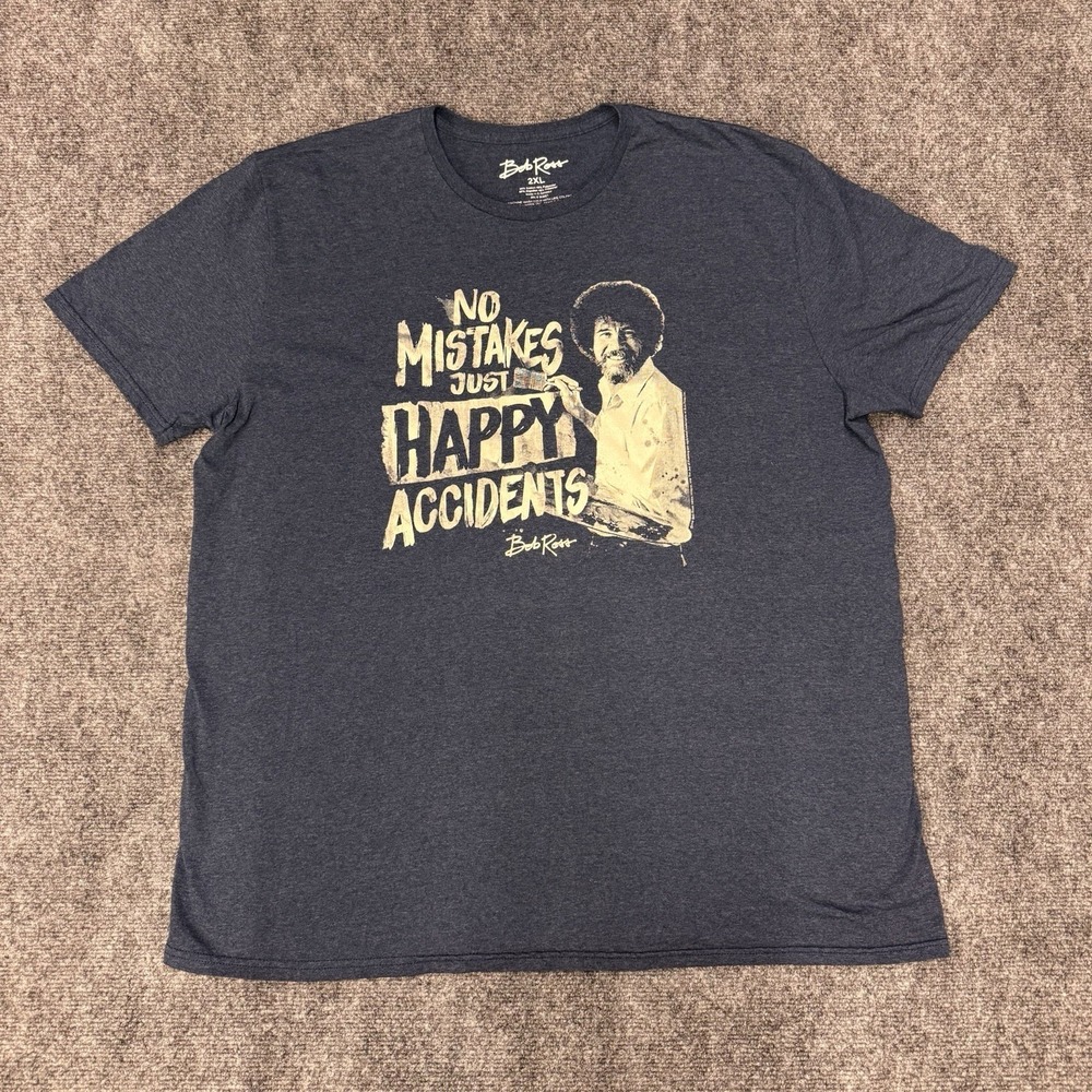 Bob Ross Happy Accidents Blue Short Sleeve Cotton Blend‎ T-Shirt Men's 2XL